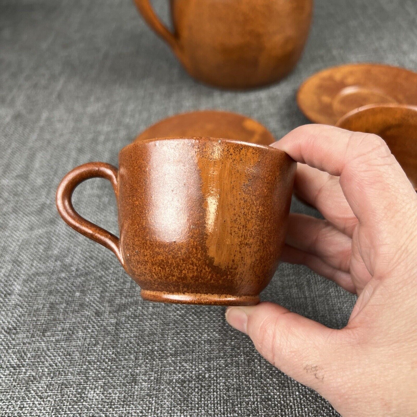 Vintage Pottery Pitcher Cups and Saucers with Tray