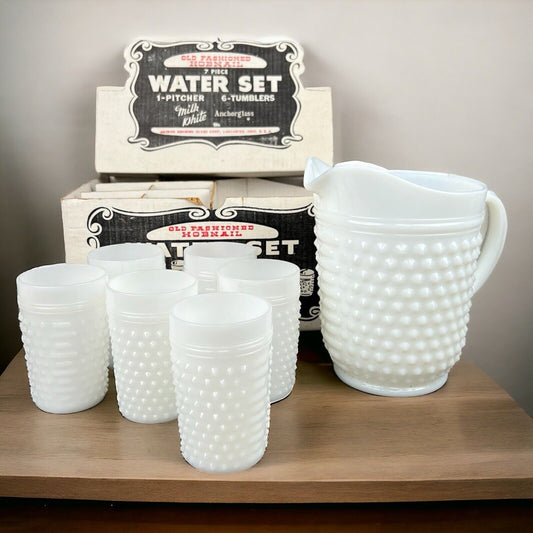 Vintage Anchor Hocking Milk Glass Pitcher & 6 Tumblers Set Hobnail Dot Dash MCM