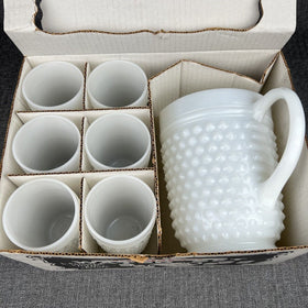 Vintage Anchor Hocking Milk Glass Pitcher & 6 Tumblers Set Hobnail Dot Dash MCM