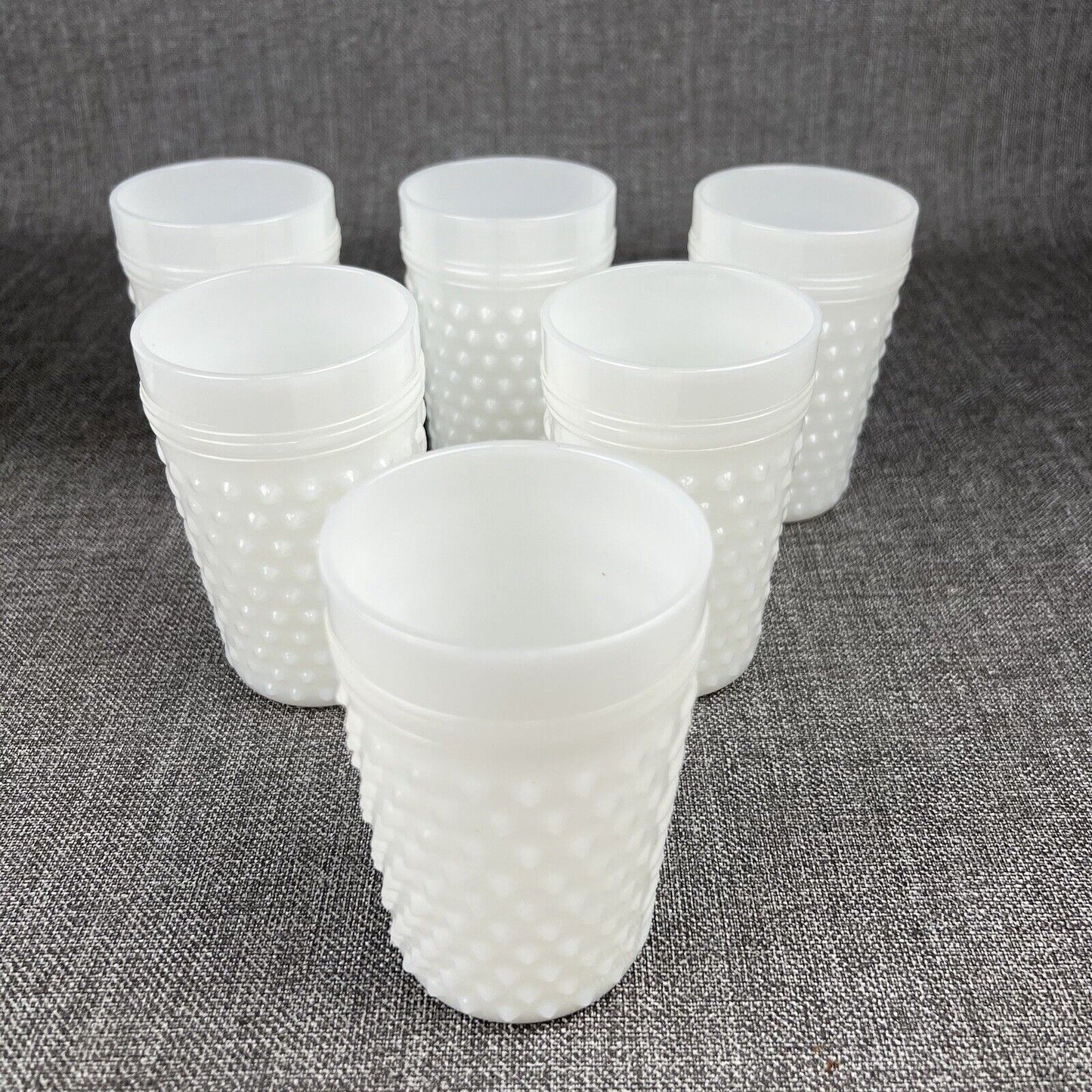 Vintage Anchor Hocking Milk Glass Pitcher & 6 Tumblers Set Hobnail Dot Dash MCM