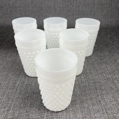 Vintage Anchor Hocking Milk Glass Pitcher & 6 Tumblers Set Hobnail Dot Dash MCM