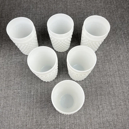 Vintage Anchor Hocking Milk Glass Pitcher & 6 Tumblers Set Hobnail Dot Dash MCM