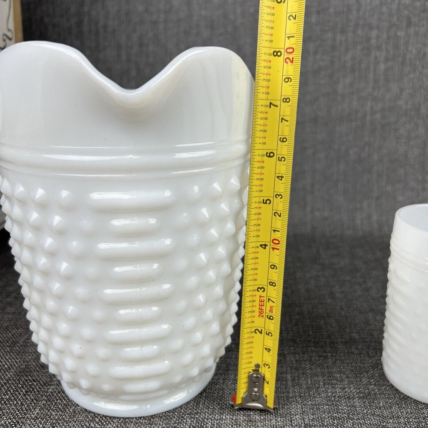 Vintage Anchor Hocking Milk Glass Pitcher & 6 Tumblers Set Hobnail Dot Dash MCM