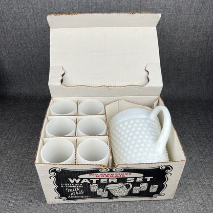 Vintage Anchor Hocking Milk Glass Pitcher & 6 Tumblers Set Hobnail Dot Dash MCM