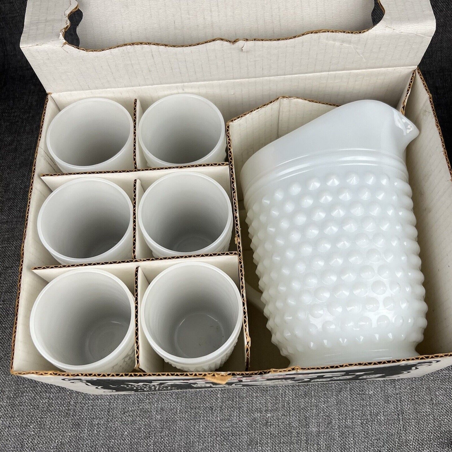 Vintage Anchor Hocking Milk Glass Pitcher & 6 Tumblers Set Hobnail Dot Dash MCM