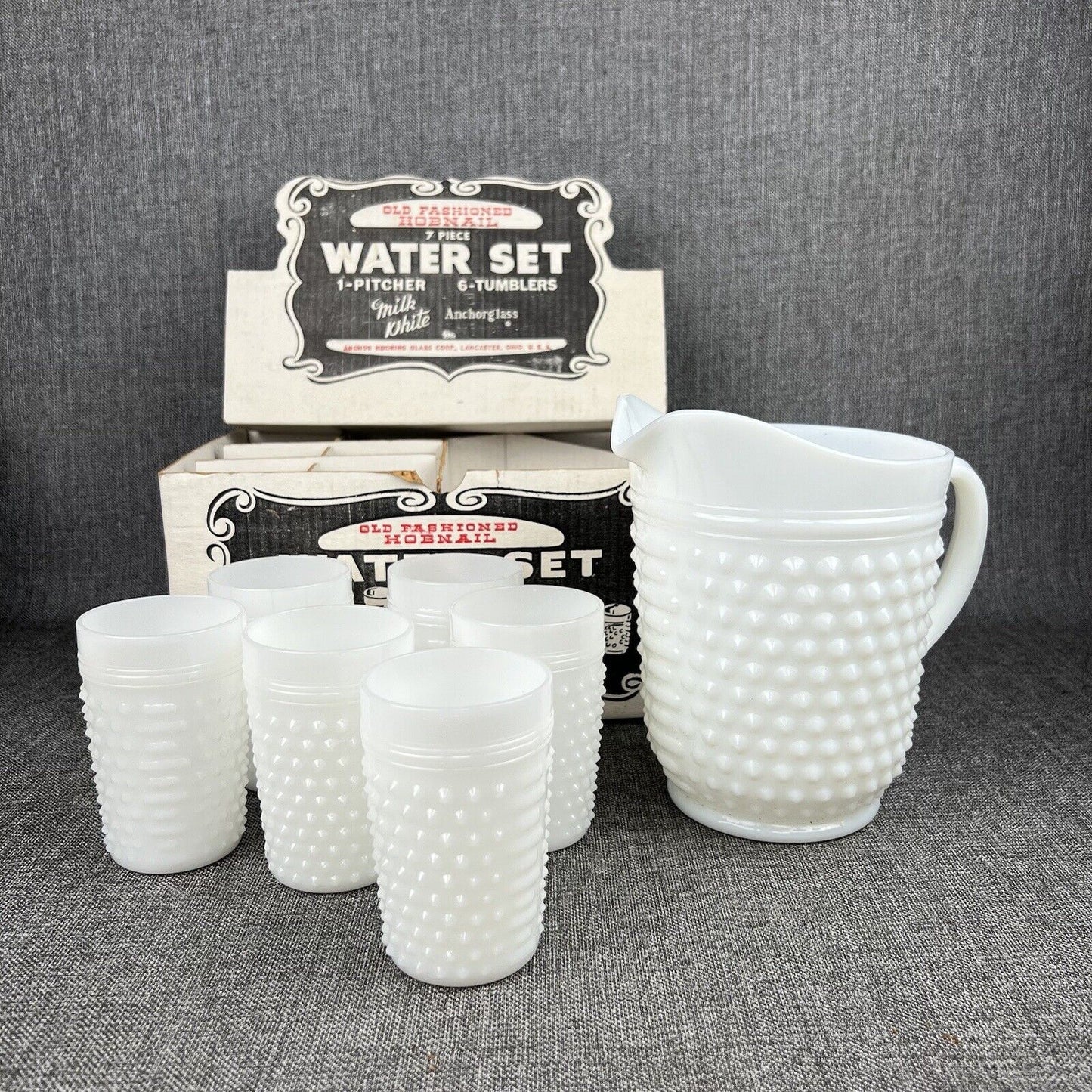 Vintage Anchor Hocking Milk Glass Pitcher & 6 Tumblers Set Hobnail Dot Dash MCM