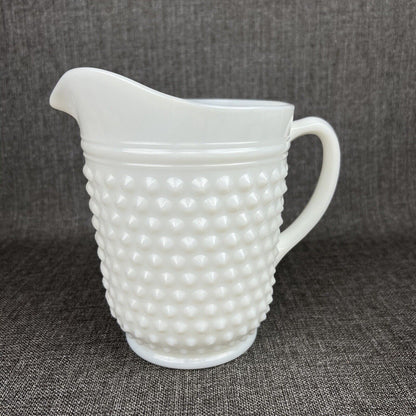 Vintage Anchor Hocking Milk Glass Pitcher & 6 Tumblers Set Hobnail Dot Dash MCM