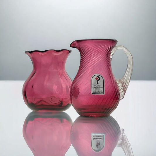 Vintage Pilgrim Cranberry Glass Vase and Pitcher Handmade in USA Lot of 2