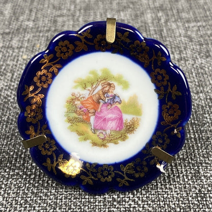 Vintage Limoges Castel France Miniature Plate Cobalt Blue with stand 2"