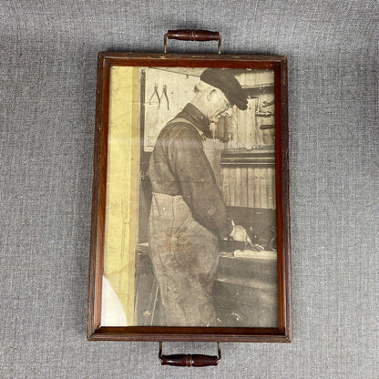 Antique Wood Glass Serving Tray with Woodworker Poster 19"x13"