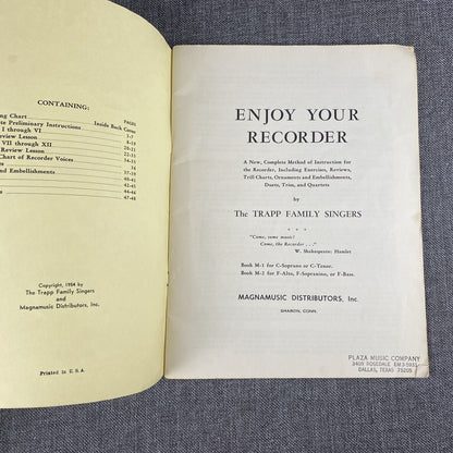 1954 Enjoy Your Recorder Instruction And Sheet Music Song Book The Trapp Family