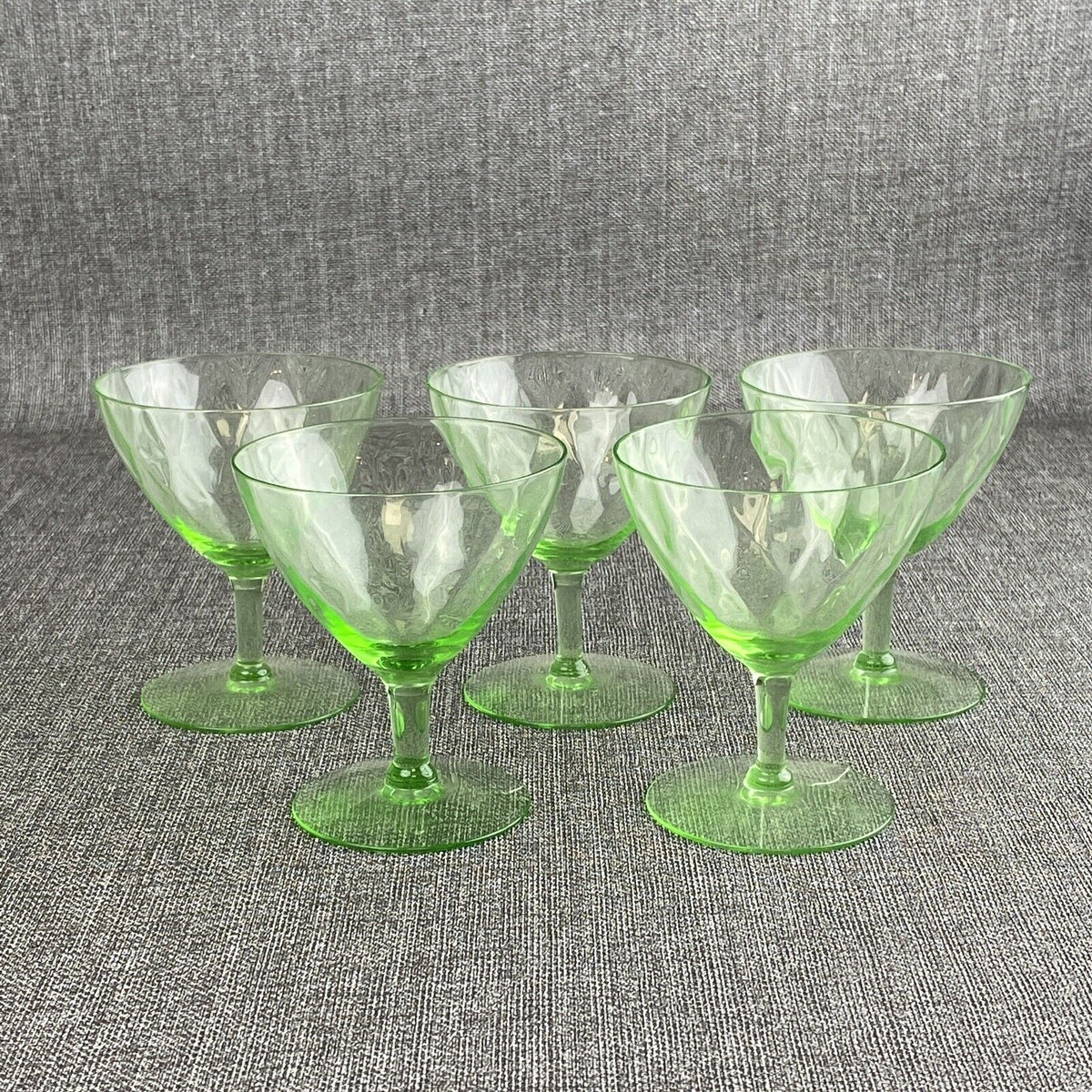 Lot Of 5- Vintage Depression Green Uranium Glass Fluted Low Sherbet 4"