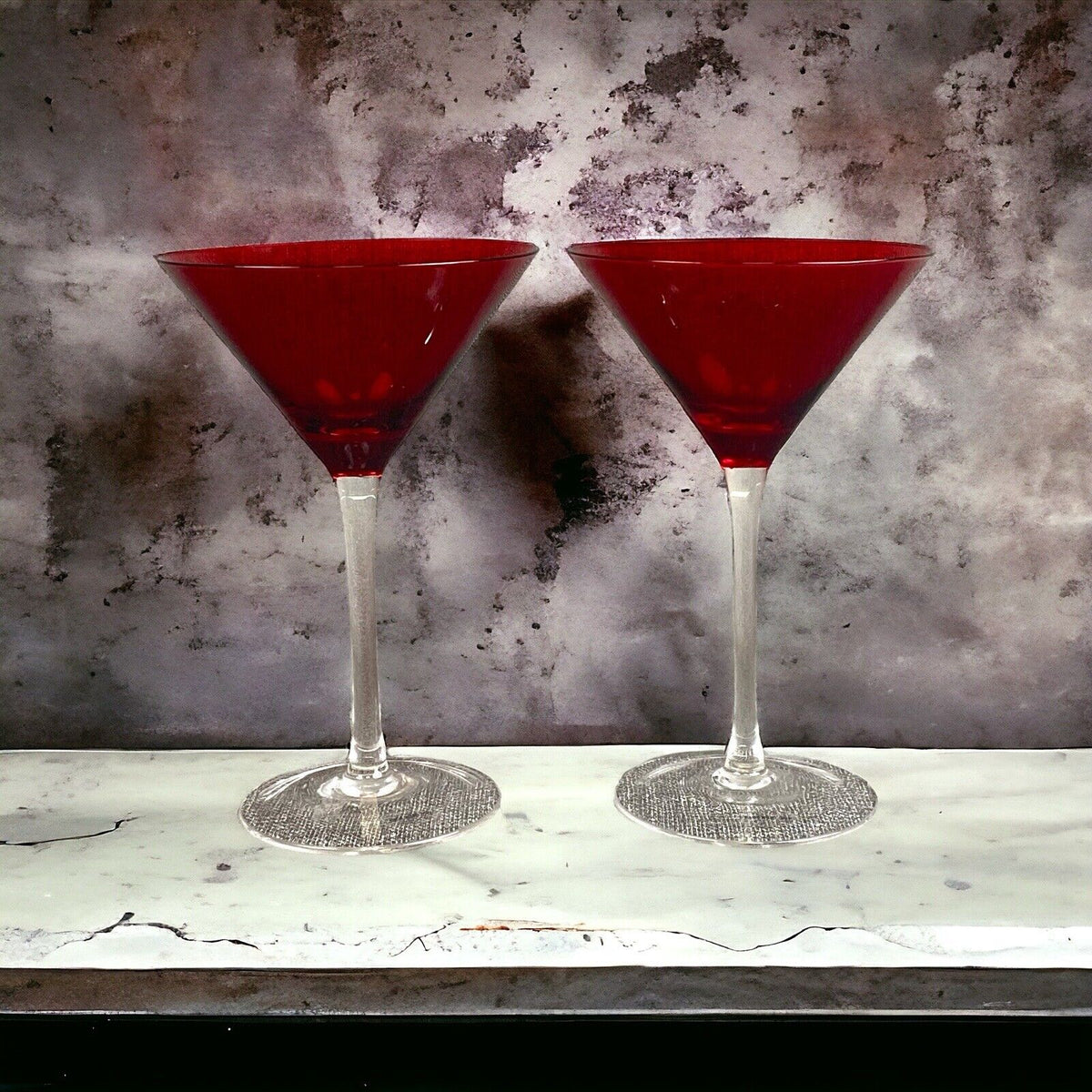 Vintage Set of 2 Red Martini Glasses, Ruby Top Clear Stems,  7.5"  inches tall