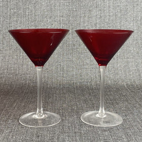 Vintage Set of 2 Red Martini Glasses, Ruby Top Clear Stems,  7.5"  inches tall
