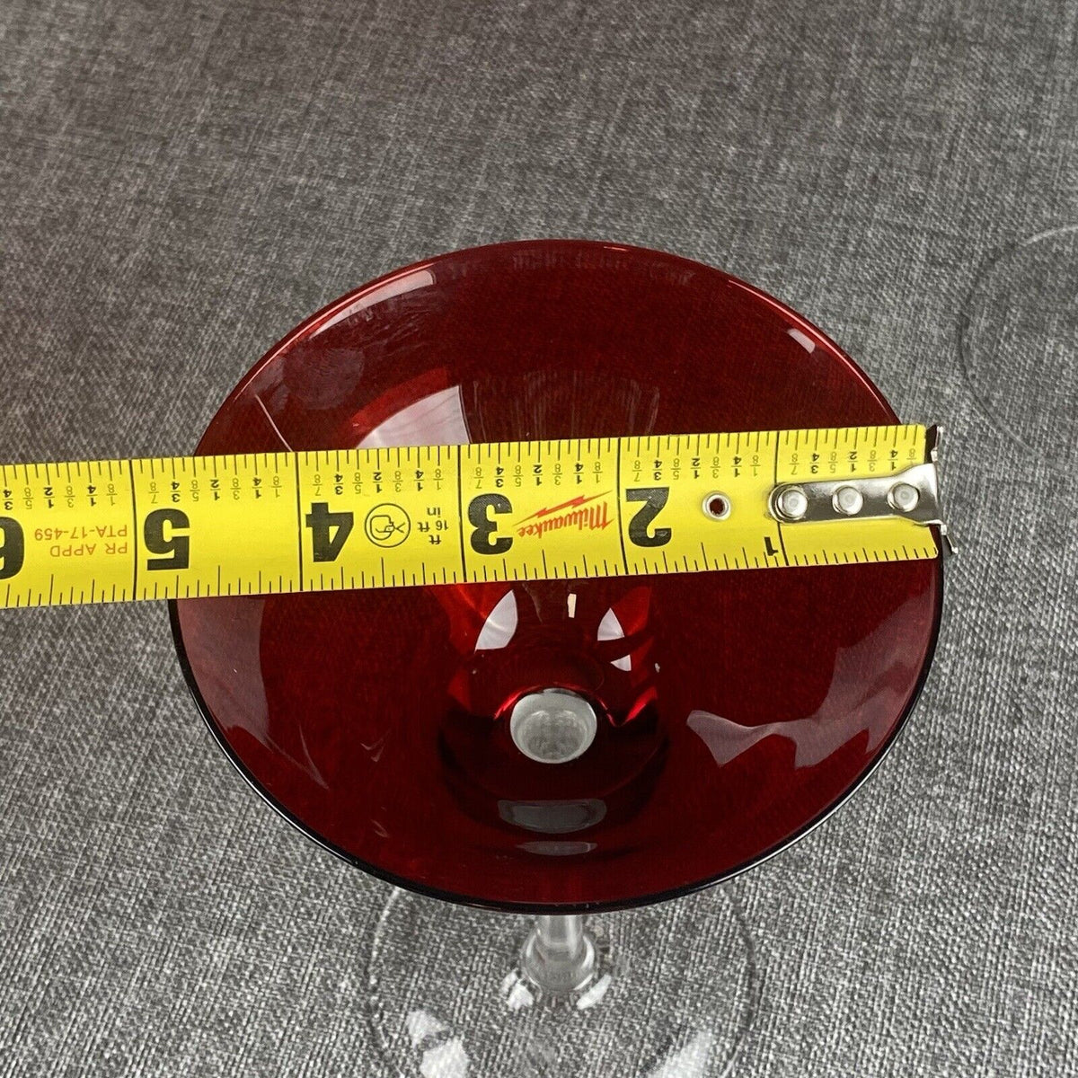 Vintage Set of 2 Red Martini Glasses, Ruby Top Clear Stems,  7.5"  inches tall