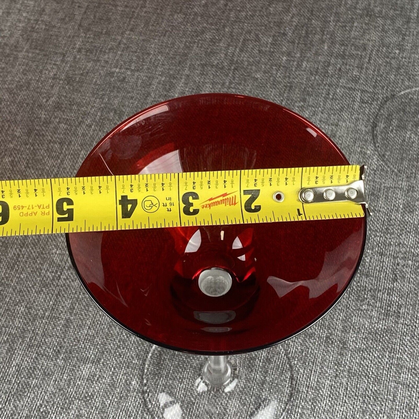 Vintage Set of 2 Red Martini Glasses, Ruby Top Clear Stems,  7.5"  inches tall