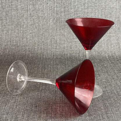 Vintage Set of 2 Red Martini Glasses, Ruby Top Clear Stems,  7.5"  inches tall