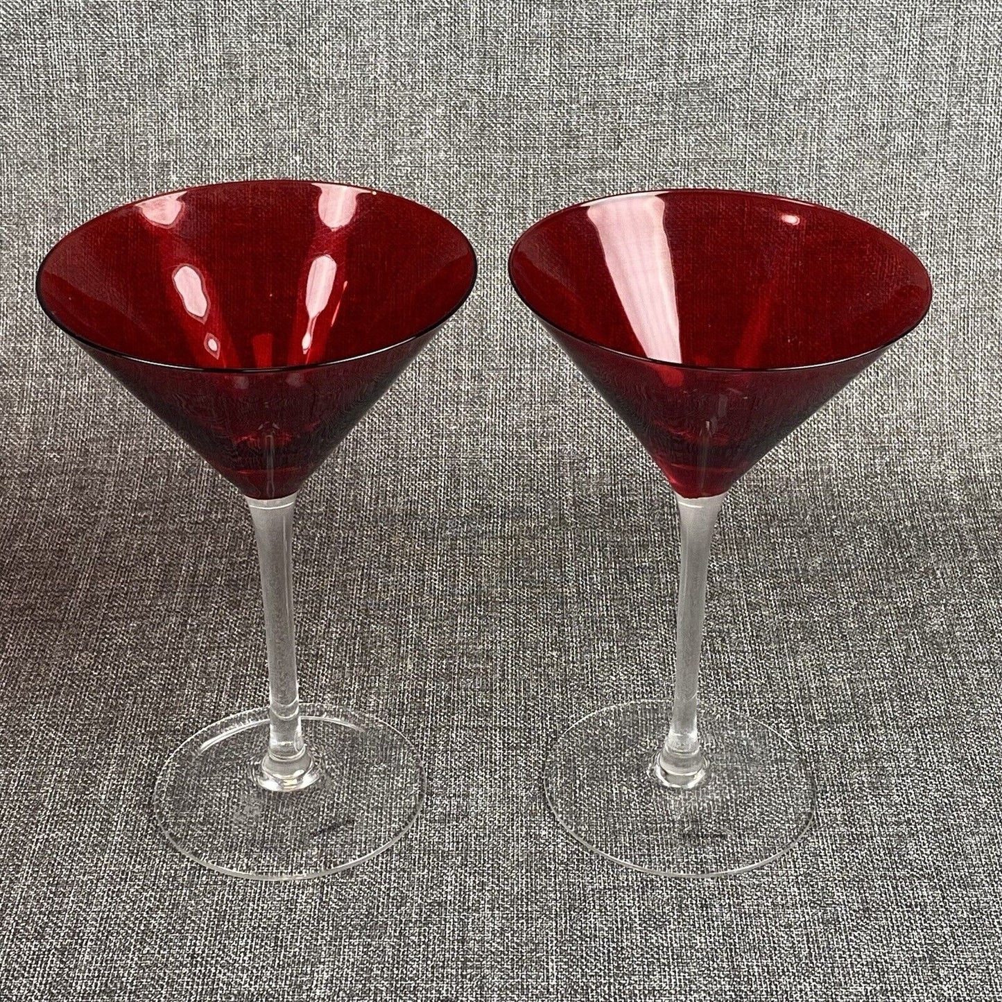 Vintage Set of 2 Red Martini Glasses, Ruby Top Clear Stems,  7.5"  inches tall