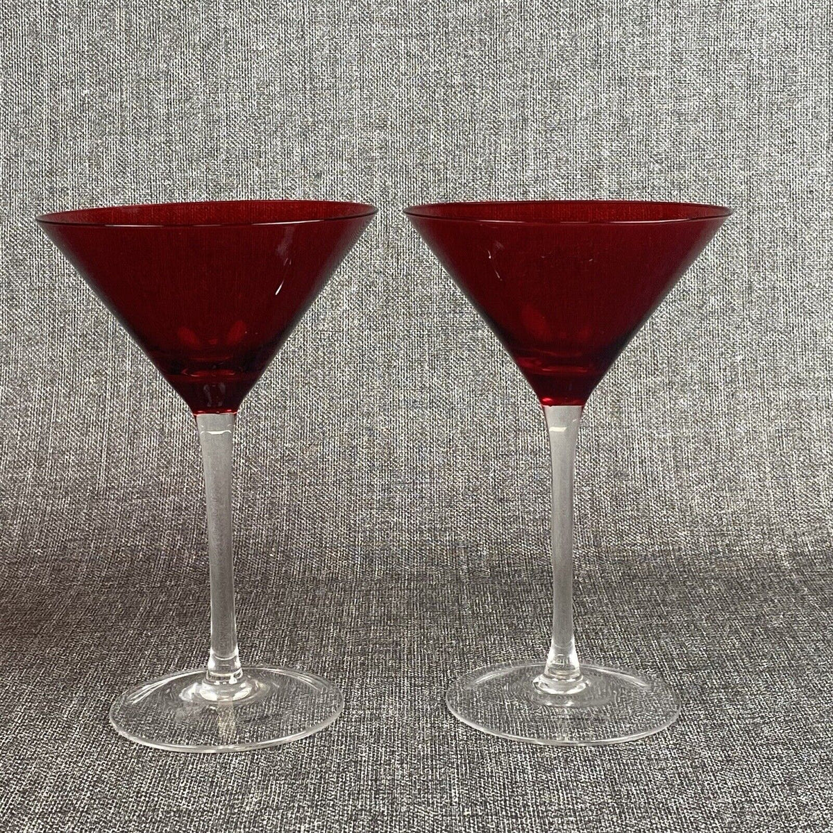 Vintage Set of 2 Red Martini Glasses, Ruby Top Clear Stems,  7.5"  inches tall