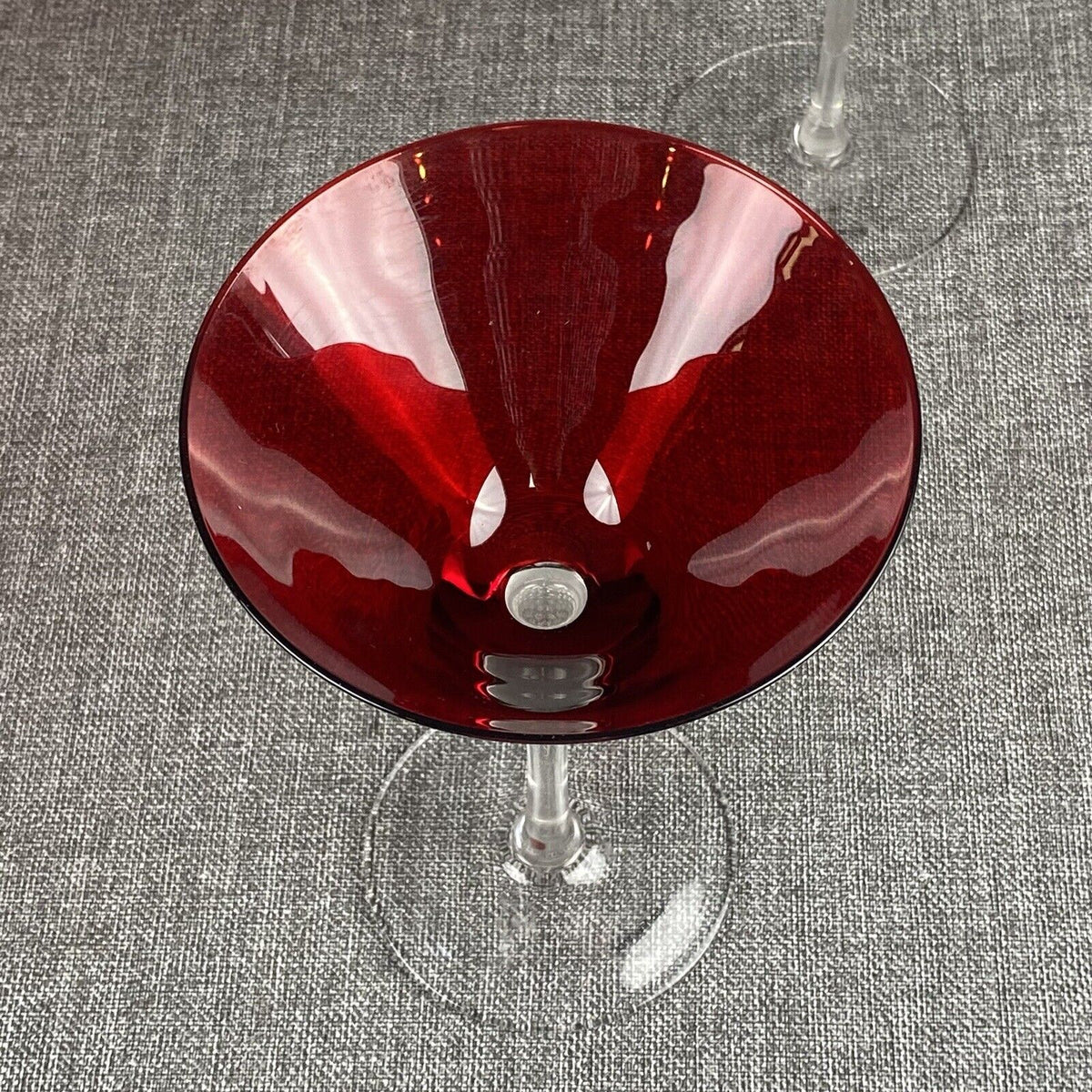 Vintage Set of 2 Red Martini Glasses, Ruby Top Clear Stems,  7.5"  inches tall