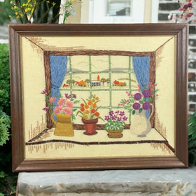 Vintage Framed WILDFLOWERS Embroidered Crewel Floral