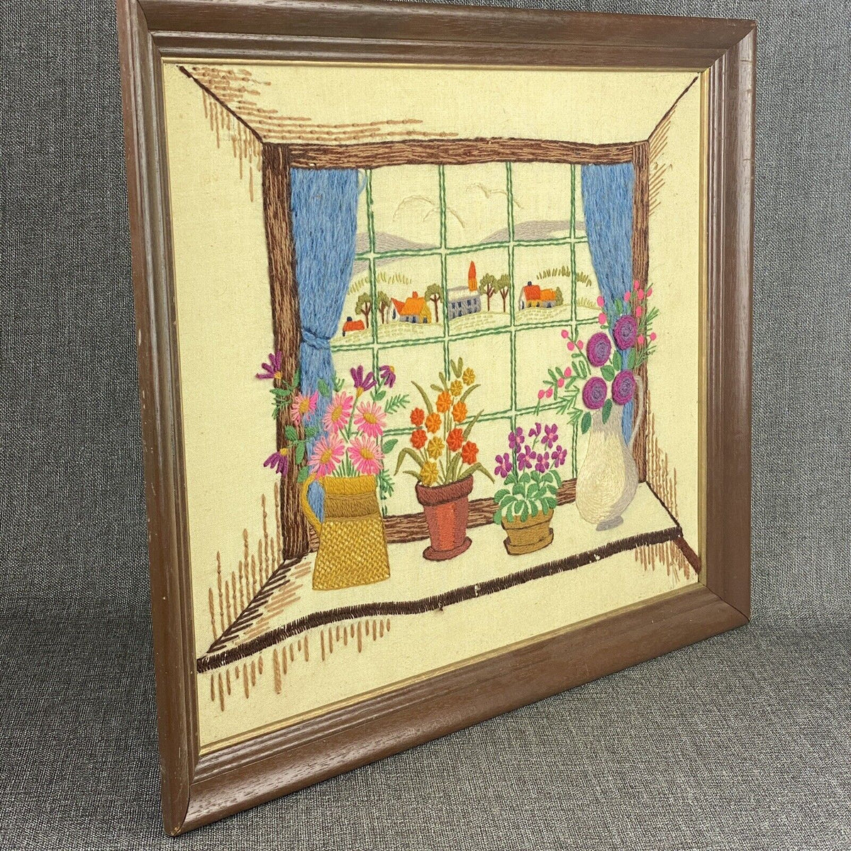 Vintage Framed WILDFLOWERS Embroidered Crewel Floral