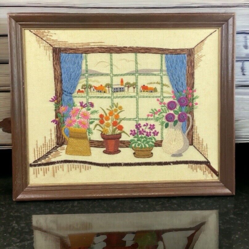 Vintage Framed WILDFLOWERS Embroidered Crewel Floral