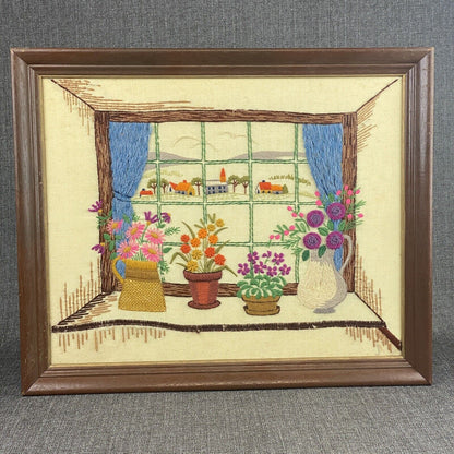 Vintage Framed WILDFLOWERS Embroidered Crewel Floral