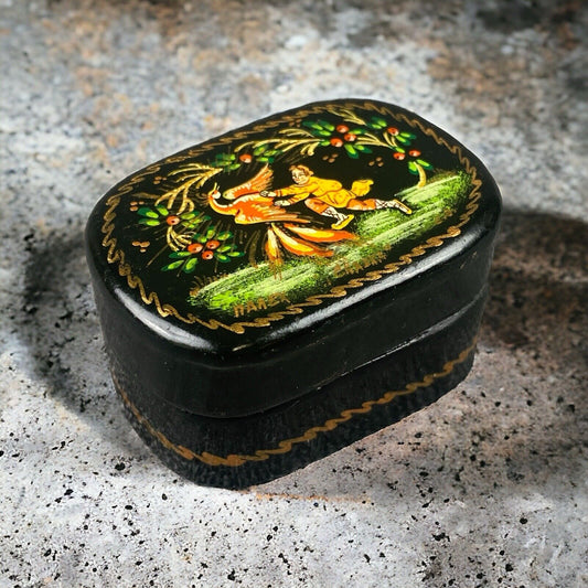 Russian SIGNED Lacquered Hand Painted Wooden Trinket Box Ivan & Firebird 2" long