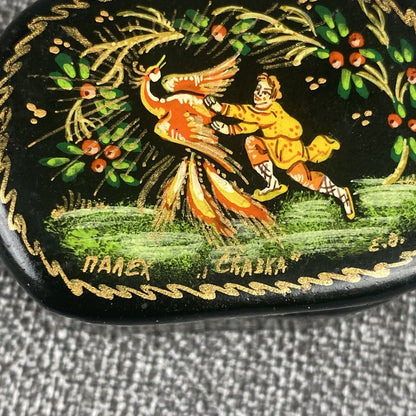 Russian SIGNED Lacquered Hand Painted Wooden Trinket Box Ivan & Firebird 2" long