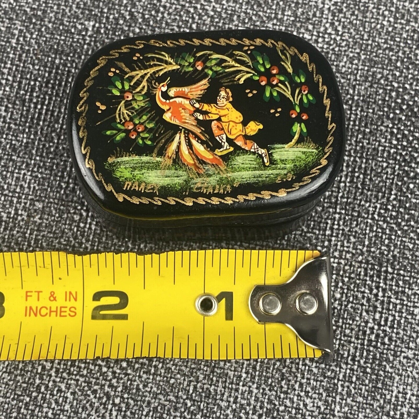 Russian SIGNED Lacquered Hand Painted Wooden Trinket Box Ivan & Firebird 2" long