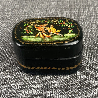 Russian SIGNED Lacquered Hand Painted Wooden Trinket Box Ivan & Firebird 2" long