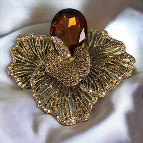 Large 2.5" Floral Brooch with Statement Amber Glass