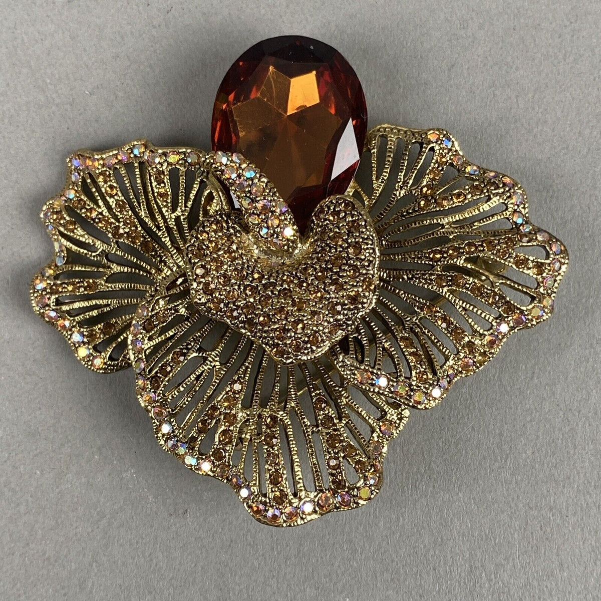 Large 2.5" Floral Brooch with Statement Amber Glass