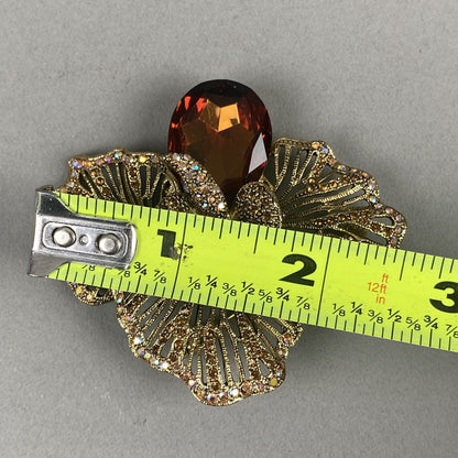 Large 2.5" Floral Brooch with Statement Amber Glass