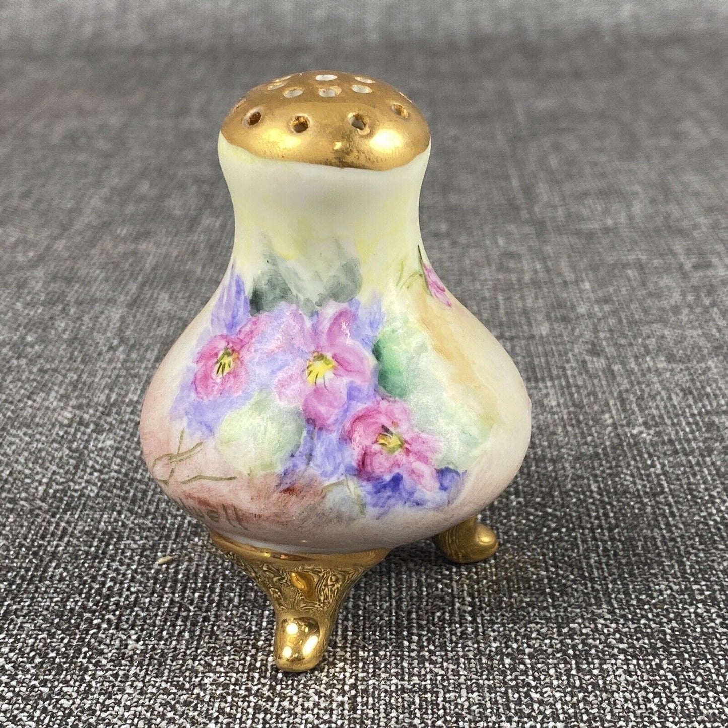 Antique SIGNED Salt Pepper Shaker Hand Painted Floral