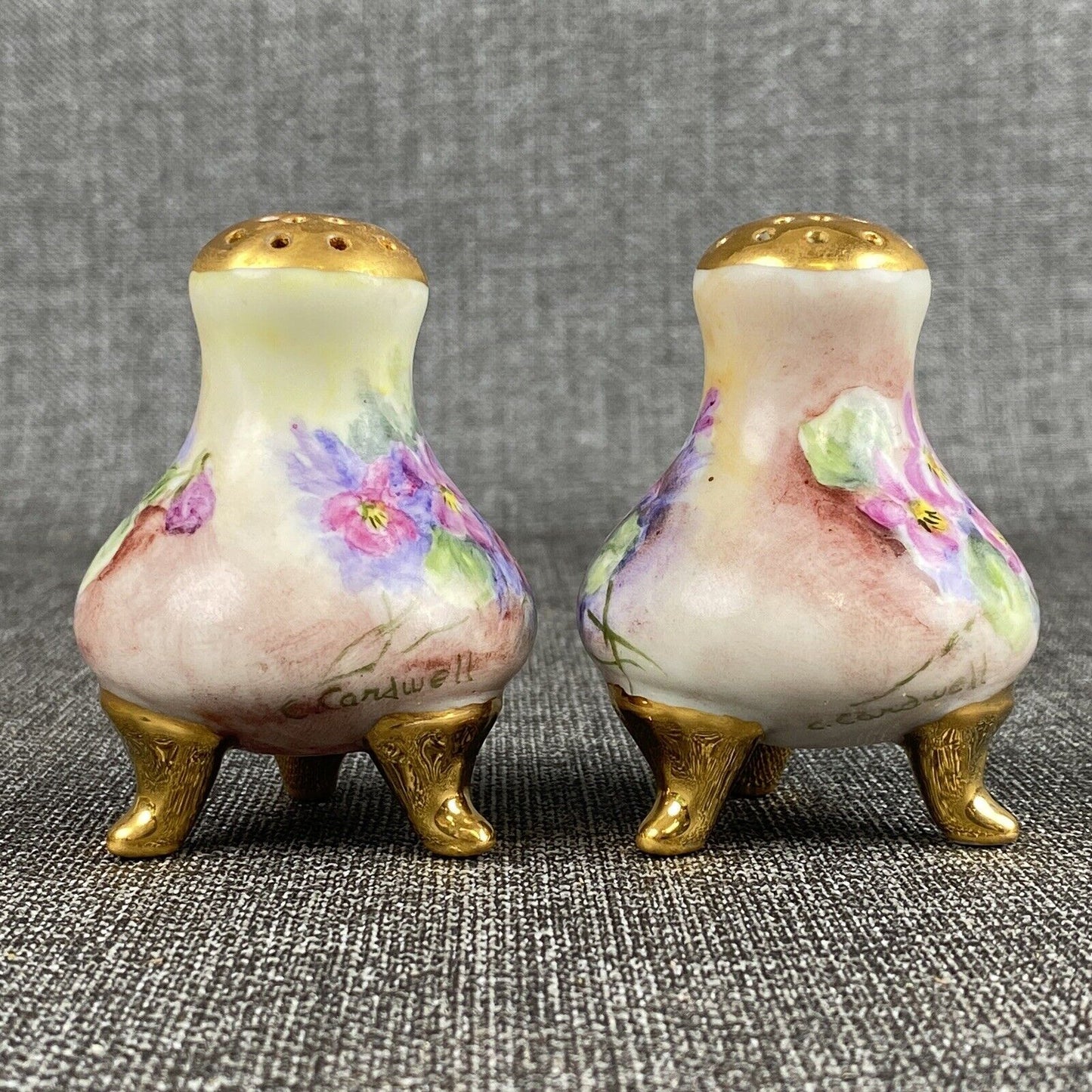 Antique SIGNED Salt Pepper Shaker Hand Painted Floral