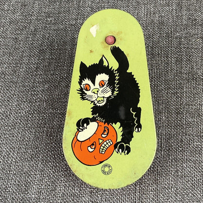 Original Vintage Halloween T Cohn Tin Litho Noisemaker Black Cat Pumpkin