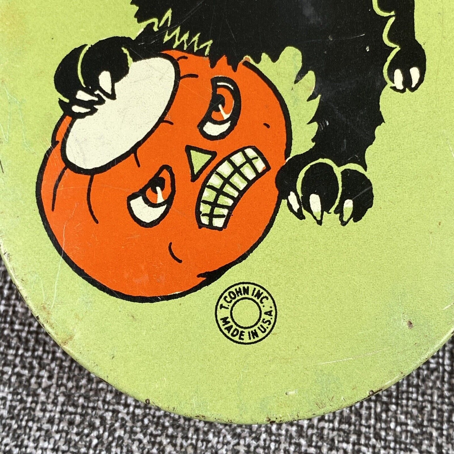 Original Vintage Halloween T Cohn Tin Litho Noisemaker Black Cat Pumpkin