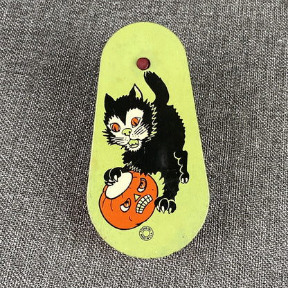 Original Vintage Halloween T Cohn Tin Litho Noisemaker Black Cat Pumpkin