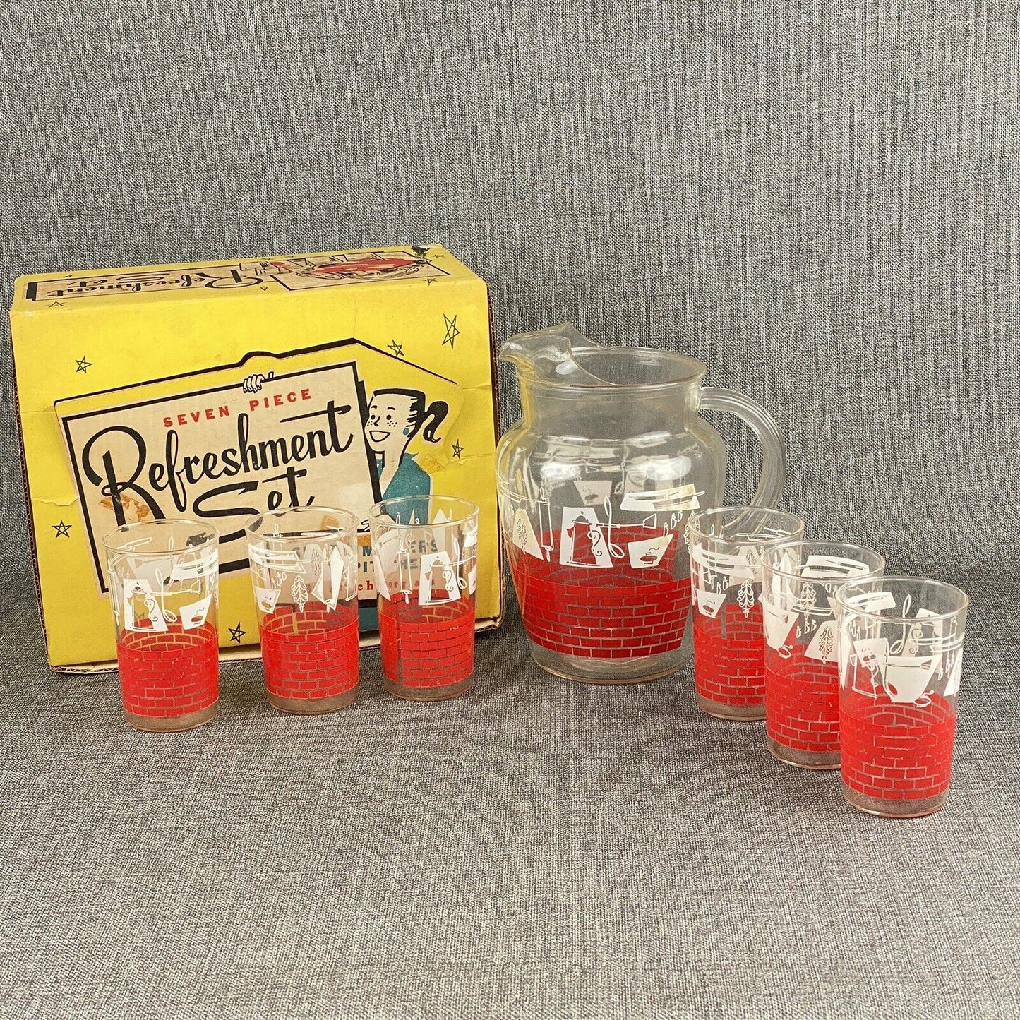 Vintage Anchorglass Seven Piece, Six Tumblers, One Pitcher Refreshment Set