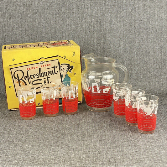 Vintage Anchorglass Seven Piece, Six Tumblers, One Pitcher Refreshment Set