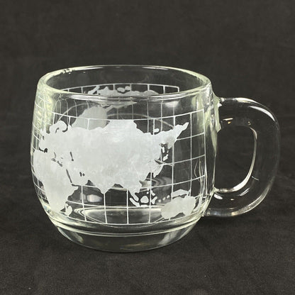 2 Nestle Nescafe Etched Glass World Globe Map Mugs & 2 World Map Whiskey Glasses