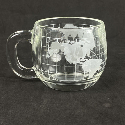 2 Nestle Nescafe Etched Glass World Globe Map Mugs & 2 World Map Whiskey Glasses