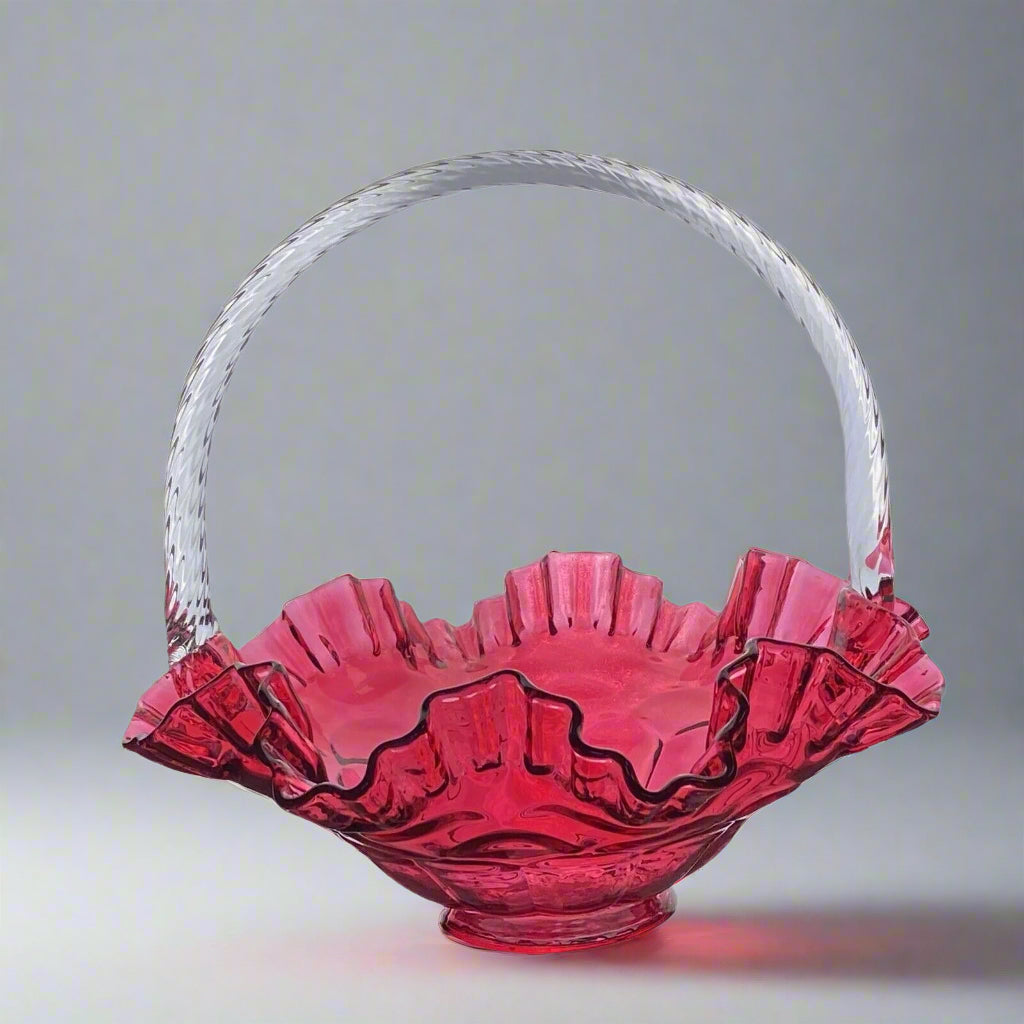 Pilgram Glass Fenton Cranberry with Clear Handle Basket Original Tags