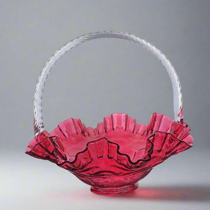Pilgram Glass Fenton Cranberry with Clear Handle Basket Original Tags