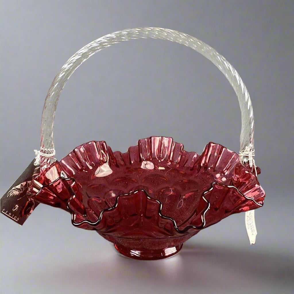 Pilgram Glass Fenton Cranberry with Clear Handle Basket Original Tags