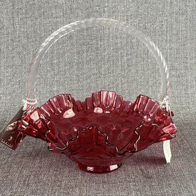 Pilgram Glass Fenton Cranberry with Clear Handle Basket Original Tags