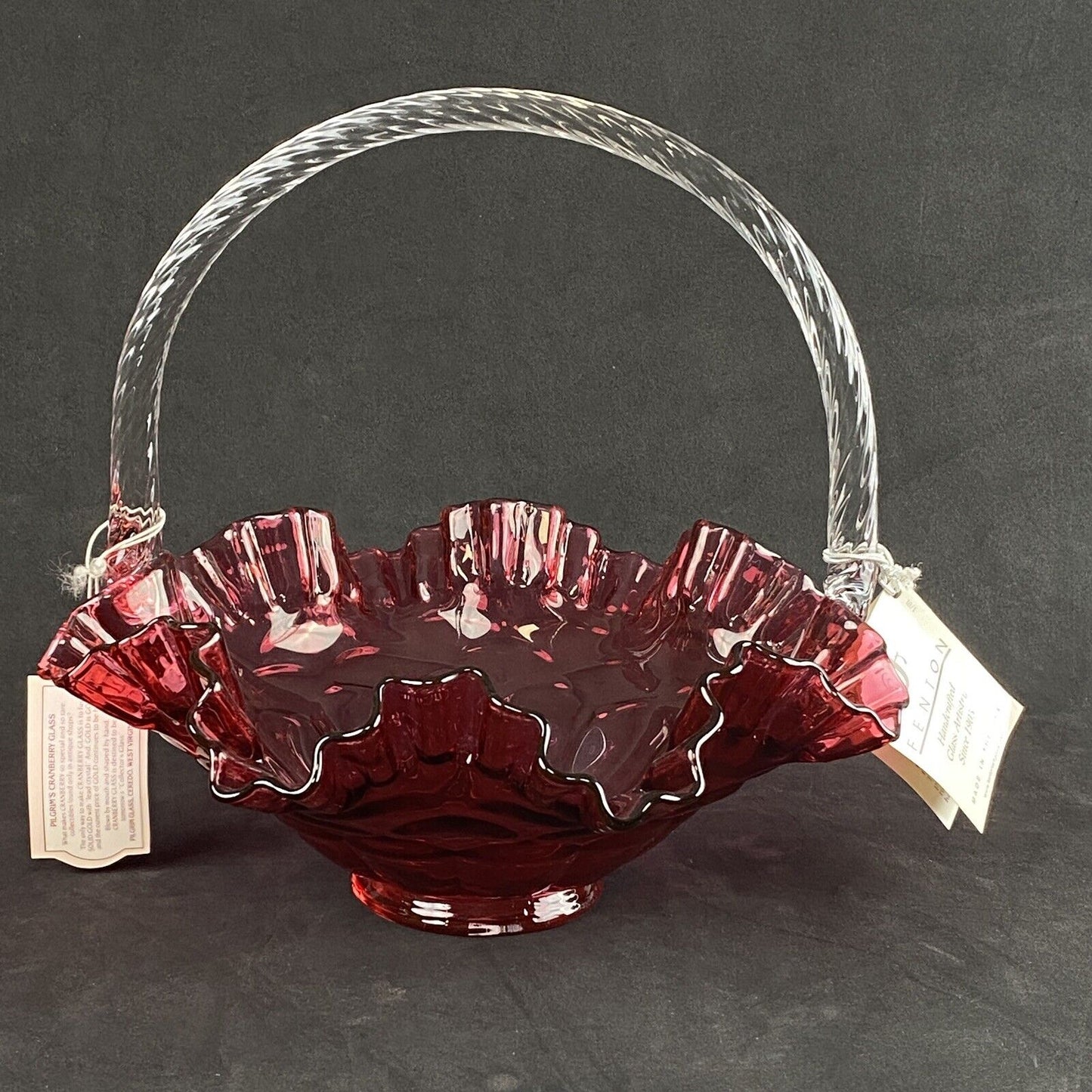 Pilgram Glass Fenton Cranberry with Clear Handle Basket Original Tags