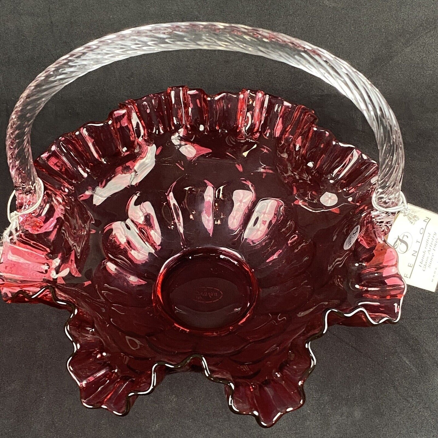Pilgram Glass Fenton Cranberry with Clear Handle Basket Original Tags
